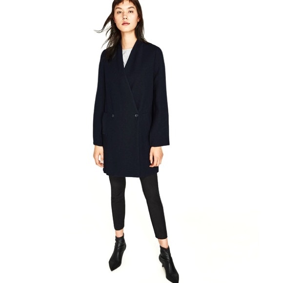 Zara Split-Sleeve Navy Blue Wool Blend Double Breasted Crossover Coat - Picture 2 of 15